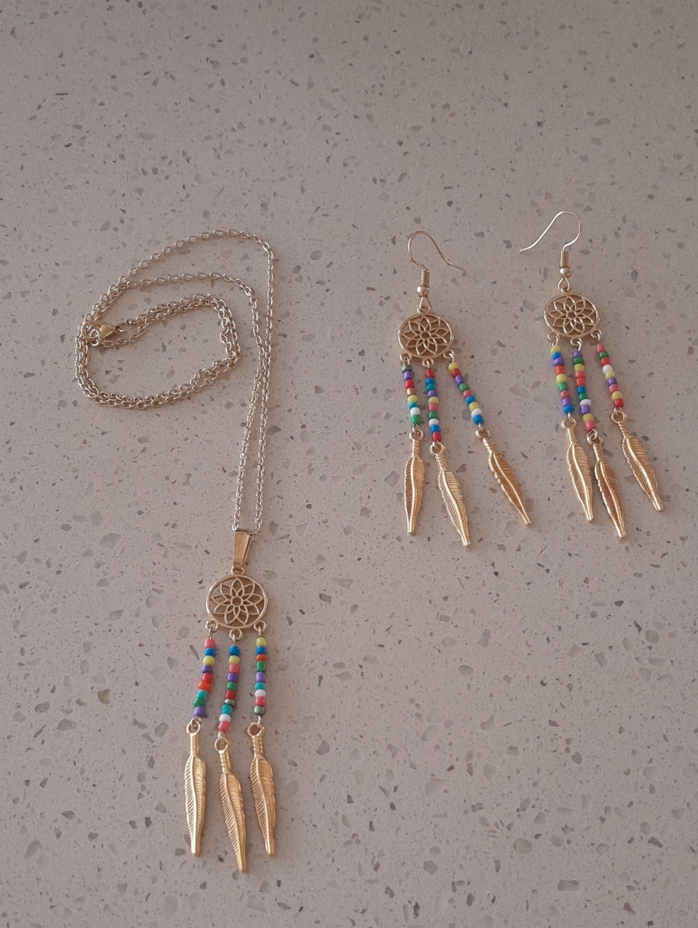 Gold Tone Dreamcatcher Necklace and Earrings Set with Multicolor Beads
